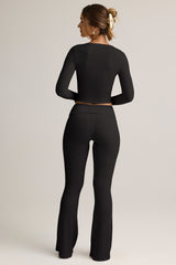 Modal Ribbed Foldover Flared Trousers in Black